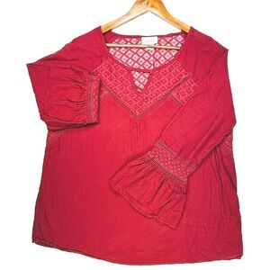 Ariat, Top Burgundy Long Sleeve Peasant Blouse with Lace Detail, Women's XL
